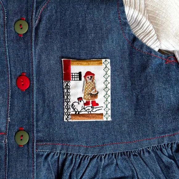 Vintage 90s Piano Kids Fashion Jumper Dress & Shirt Set Girls 8 Farm Patch Denim - Picture 4 of 6